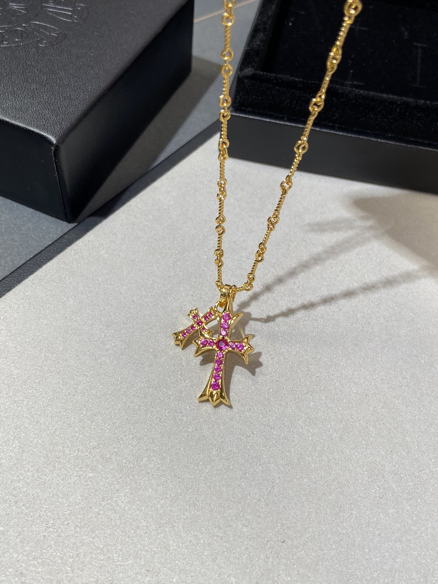 Chrome Hearts Gold Cross Pendant Necklace with Pink Stones